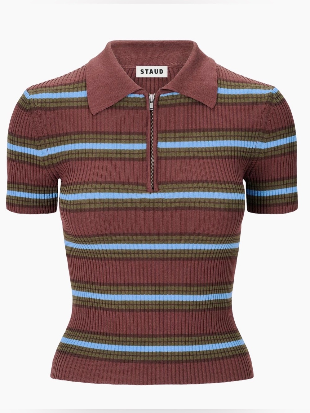 STAUD Ren Striped Half-Zip Polo Sweater